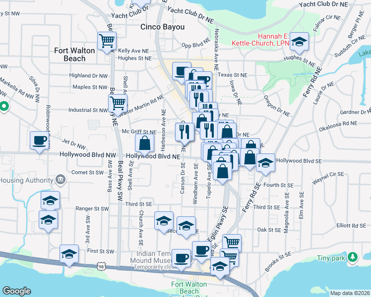 map of restaurants, bars, coffee shops, grocery stores, and more near 7 Carson Drive Northeast in Fort Walton Beach