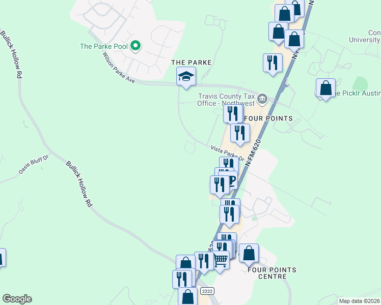 map of restaurants, bars, coffee shops, grocery stores, and more near 11712-11978 Vista Parke Drive in Austin