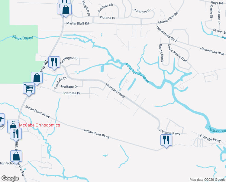 map of restaurants, bars, coffee shops, grocery stores, and more near 4912 Fairwood Drive in Gautier