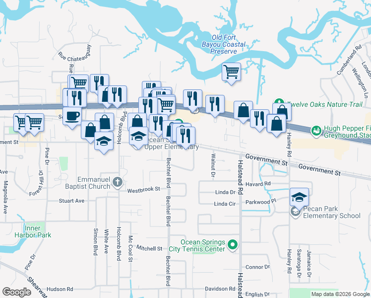 map of restaurants, bars, coffee shops, grocery stores, and more near 2420 Government Street in Ocean Springs