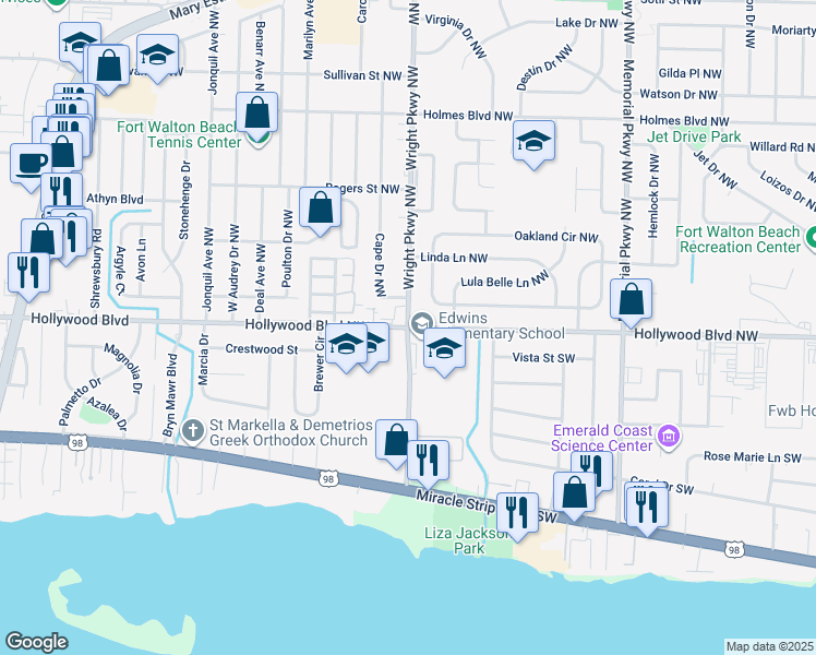 map of restaurants, bars, coffee shops, grocery stores, and more near 417 Hollywood Boulevard Southwest in Fort Walton Beach