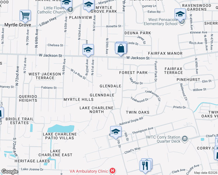 map of restaurants, bars, coffee shops, grocery stores, and more near 308 North 59th Avenue in Pensacola