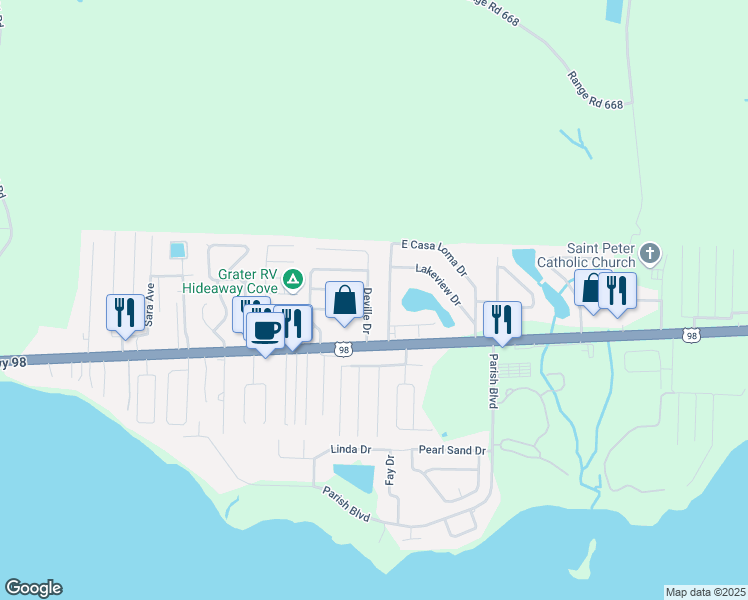 map of restaurants, bars, coffee shops, grocery stores, and more near 112 Deville Drive in Mary Esther
