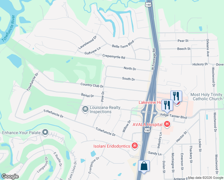 map of restaurants, bars, coffee shops, grocery stores, and more near 131 Country Club Drive in Covington