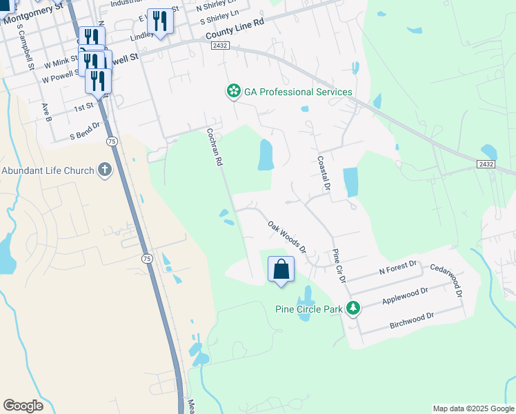 map of restaurants, bars, coffee shops, grocery stores, and more near 11974 Oak Woods Drive in Willis