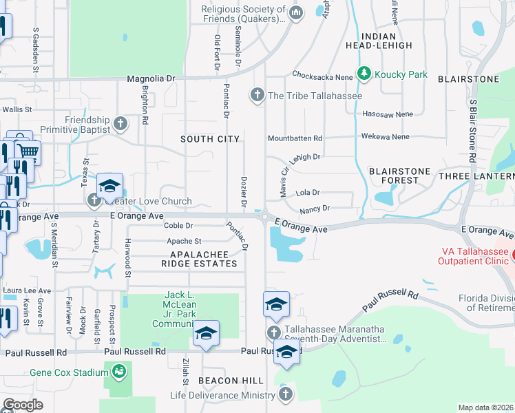 map of restaurants, bars, coffee shops, grocery stores, and more near in Tallahassee