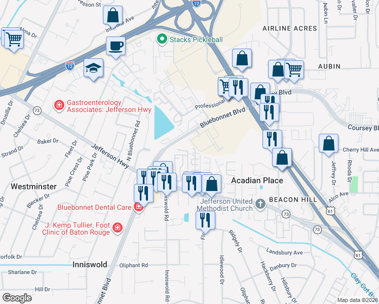 map of restaurants, bars, coffee shops, grocery stores, and more near 9771 Jefferson Highway in Baton Rouge