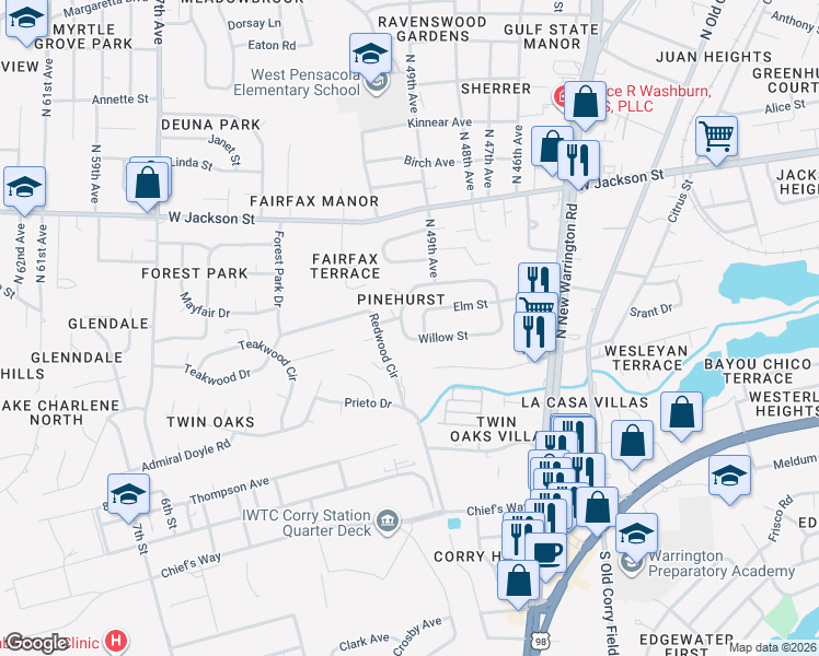 map of restaurants, bars, coffee shops, grocery stores, and more near 249 Willow Street in Pensacola
