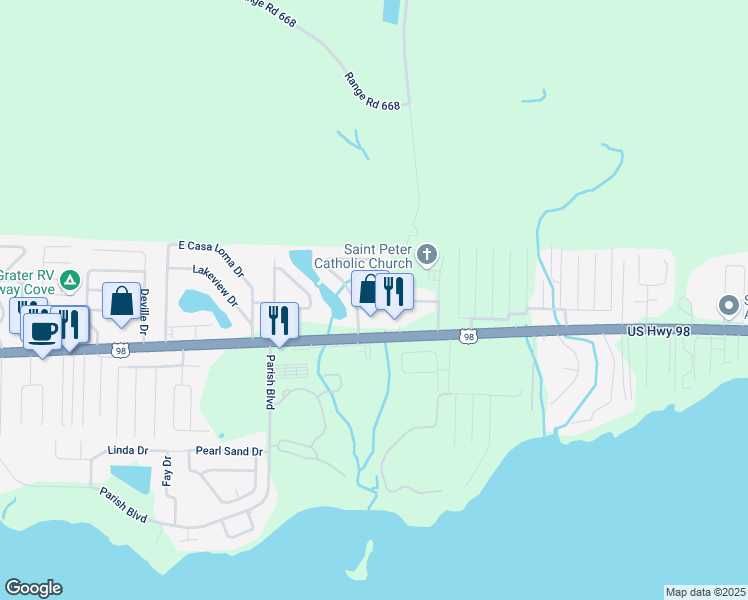 map of restaurants, bars, coffee shops, grocery stores, and more near 523 East Timberlake Drive in Mary Esther