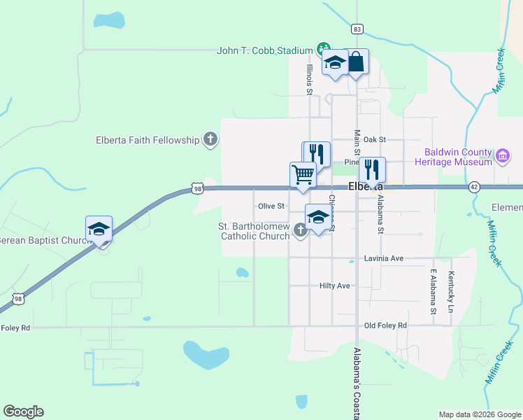 map of restaurants, bars, coffee shops, grocery stores, and more near 24640 Olive Street in Elberta