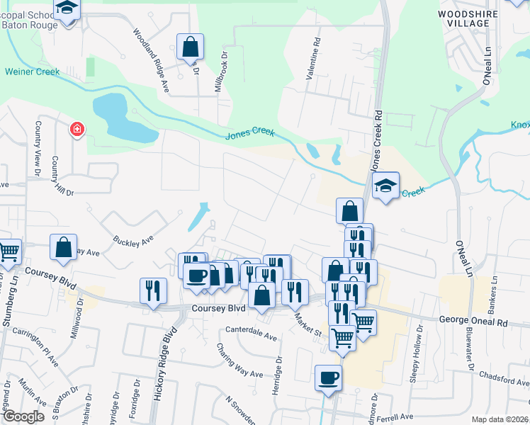 map of restaurants, bars, coffee shops, grocery stores, and more near 14221 Watercrest Lane in Baton Rouge