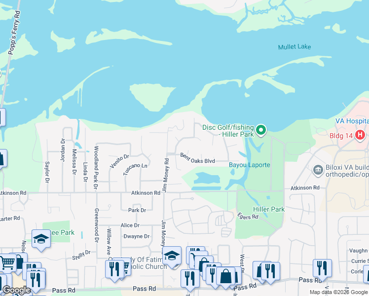 map of restaurants, bars, coffee shops, grocery stores, and more near 2032 Bent Oaks Boulevard in Biloxi
