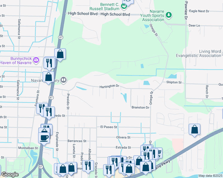map of restaurants, bars, coffee shops, grocery stores, and more near 2185 Chatsworth Drive in Navarre