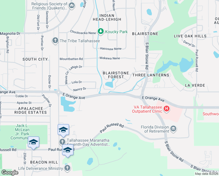 map of restaurants, bars, coffee shops, grocery stores, and more near 1719 Brookside Boulevard in Tallahassee