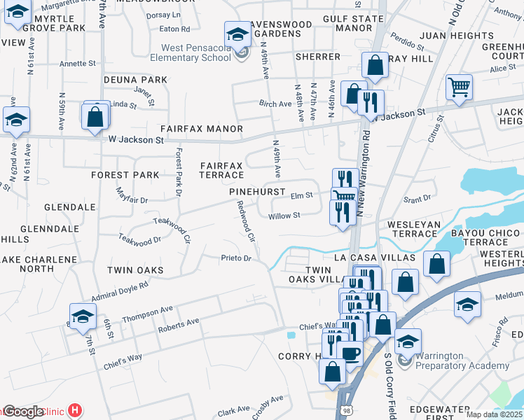 map of restaurants, bars, coffee shops, grocery stores, and more near 263 Chestnut Street in Pensacola