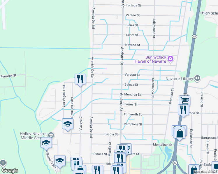 map of restaurants, bars, coffee shops, grocery stores, and more near 8110 Menorca Street in Navarre