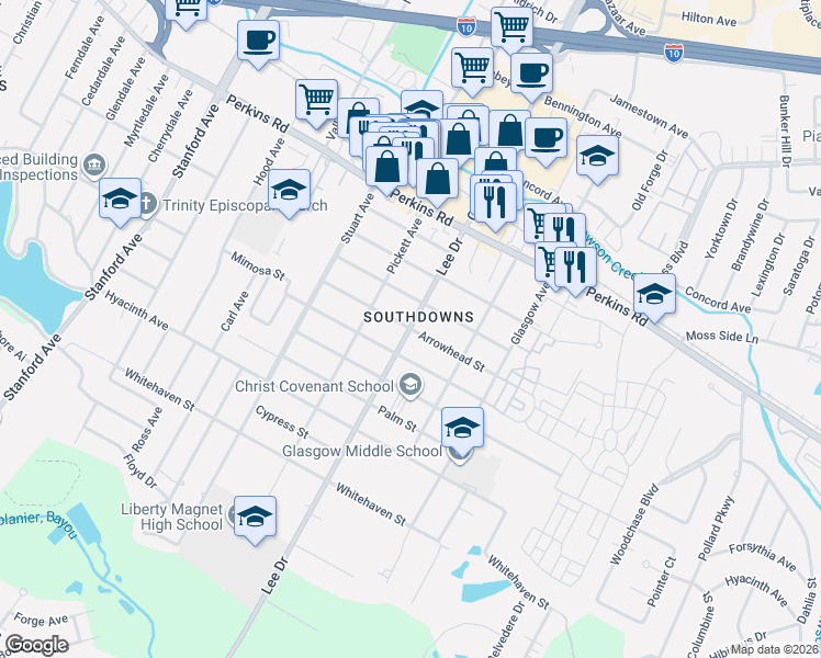 map of restaurants, bars, coffee shops, grocery stores, and more near Lee Dr & Arrowhead St in Baton Rouge
