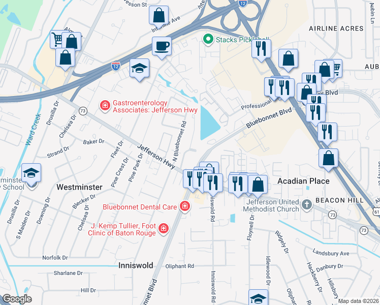 map of restaurants, bars, coffee shops, grocery stores, and more near 9515 Jefferson Highway in Baton Rouge