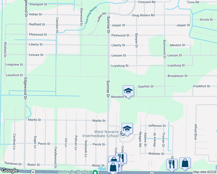 map of restaurants, bars, coffee shops, grocery stores, and more near Sunrise Drive in Navarre