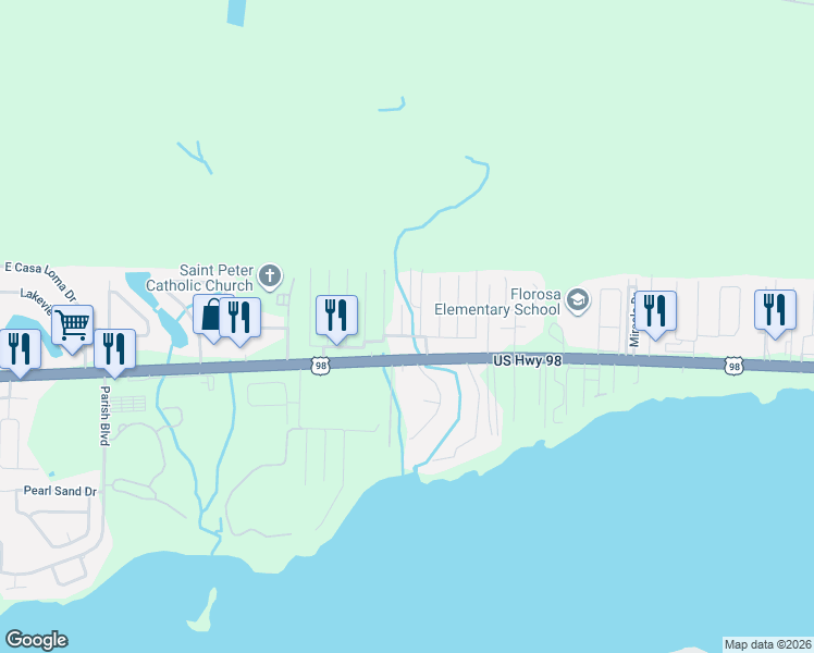 map of restaurants, bars, coffee shops, grocery stores, and more near 603 Skylark Road in Mary Esther