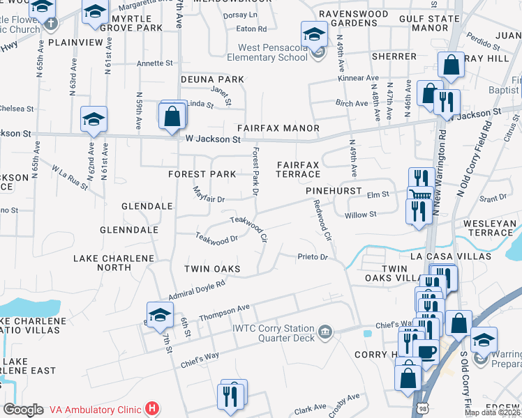 map of restaurants, bars, coffee shops, grocery stores, and more near 4980 Catalina Circle in Pensacola