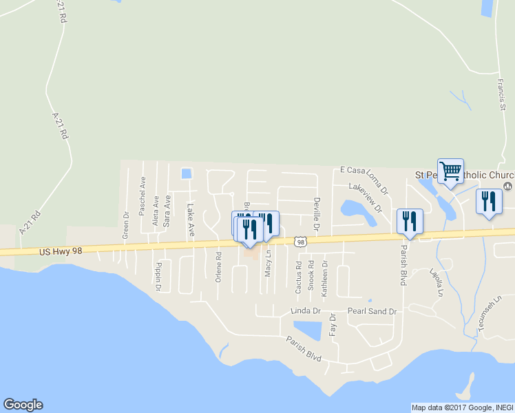 map of restaurants, bars, coffee shops, grocery stores, and more near 9 Enda Lane in Mary Esther