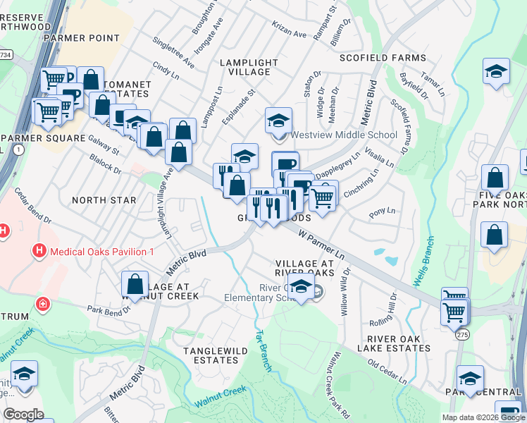 map of restaurants, bars, coffee shops, grocery stores, and more near Metric Blvd & W Parmer Ln in Austin