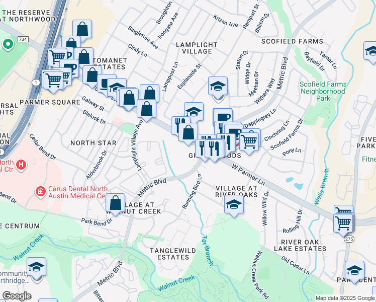 map of restaurants, bars, coffee shops, grocery stores, and more near 1813 West Parmer Lane in Austin