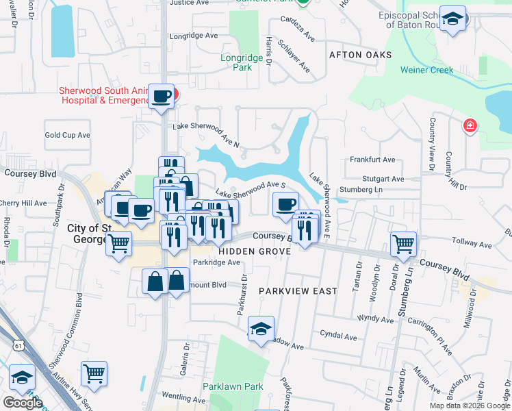 map of restaurants, bars, coffee shops, grocery stores, and more near 4524 Lake Lawford Court in Baton Rouge