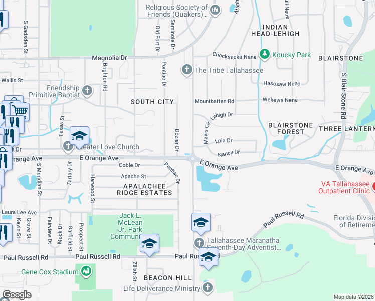 map of restaurants, bars, coffee shops, grocery stores, and more near in Tallahassee