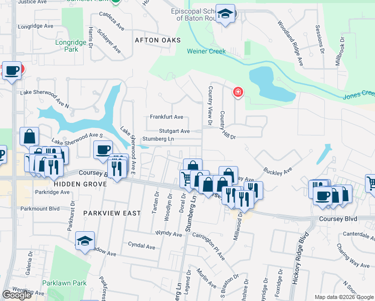 map of restaurants, bars, coffee shops, grocery stores, and more near 4442 Stumberg Lane in Baton Rouge