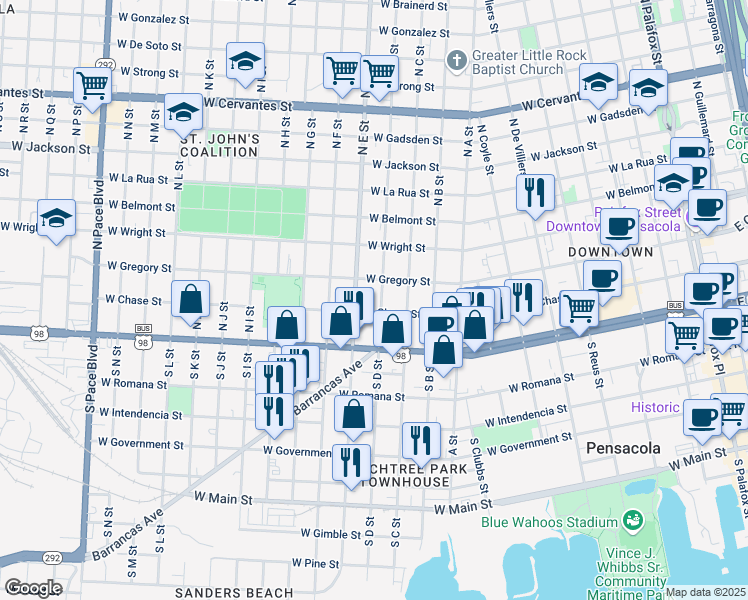 map of restaurants, bars, coffee shops, grocery stores, and more near 19 North D Street in Pensacola