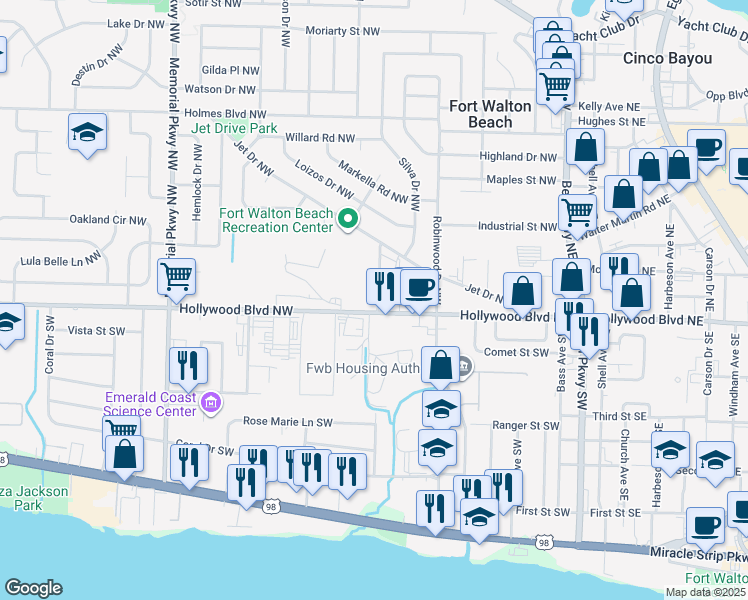 map of restaurants, bars, coffee shops, grocery stores, and more near 119 Hollywood Boulevard Northwest in Fort Walton Beach