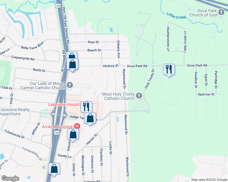 map of restaurants, bars, coffee shops, grocery stores, and more near 403 Colonial Court in Mandeville