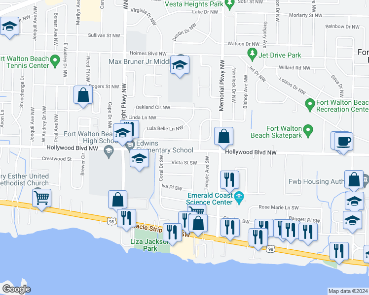 map of restaurants, bars, coffee shops, grocery stores, and more near 319 Hollywood Boulevard Southwest in Fort Walton Beach