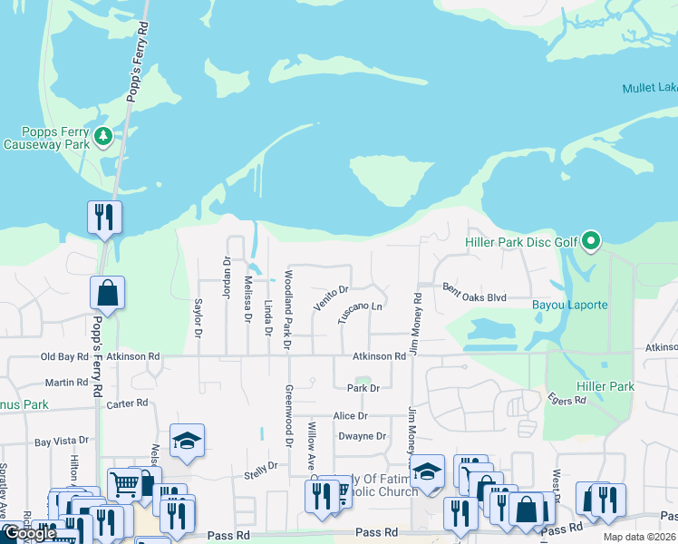 map of restaurants, bars, coffee shops, grocery stores, and more near 448 Venito Drive in Biloxi
