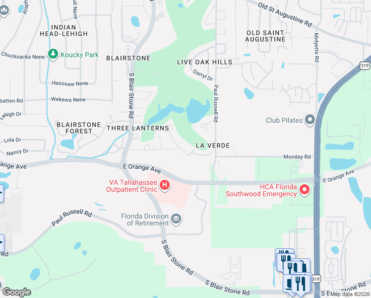 map of restaurants, bars, coffee shops, grocery stores, and more near 3012 Oak Hammock Court in Tallahassee