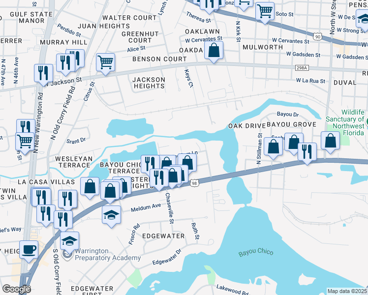map of restaurants, bars, coffee shops, grocery stores, and more near 113 Freedom Lane in Pensacola