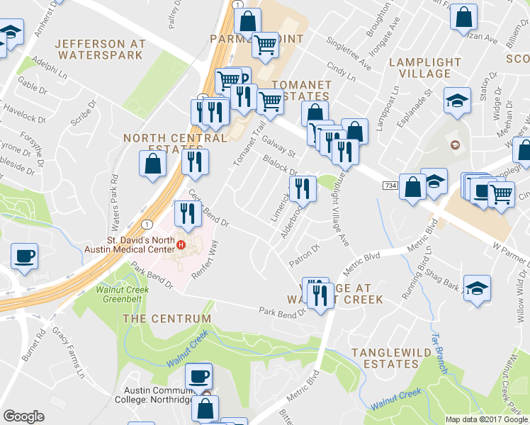 map of restaurants, bars, coffee shops, grocery stores, and more near 2201 Thornwild Pass in Austin