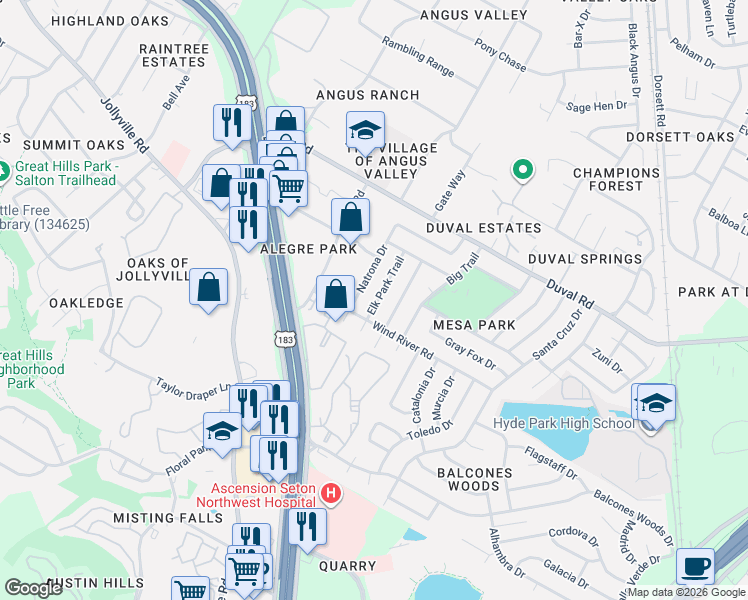 map of restaurants, bars, coffee shops, grocery stores, and more near 11600 Fast Horse Drive in Austin