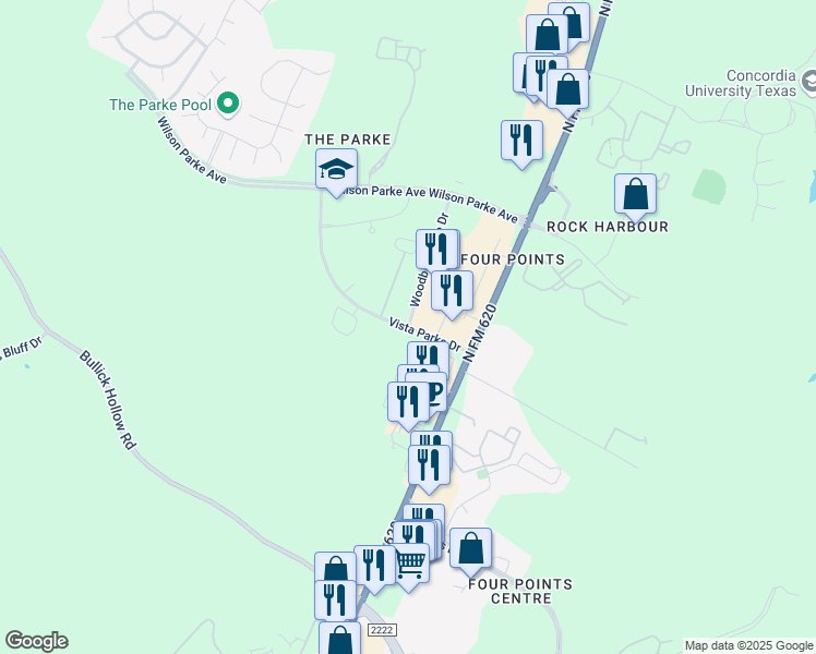 map of restaurants, bars, coffee shops, grocery stores, and more near 11712 Vista Parke Drive in Austin
