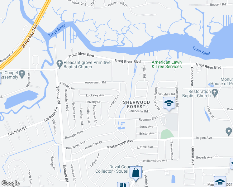map of restaurants, bars, coffee shops, grocery stores, and more near 9628 Priory Avenue in Jacksonville