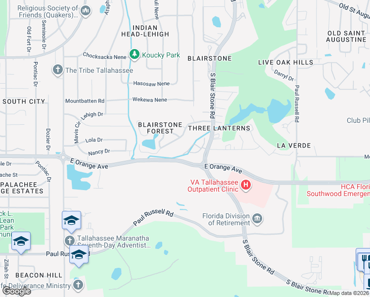 map of restaurants, bars, coffee shops, grocery stores, and more near 1705 Beechwood Circle South in Tallahassee
