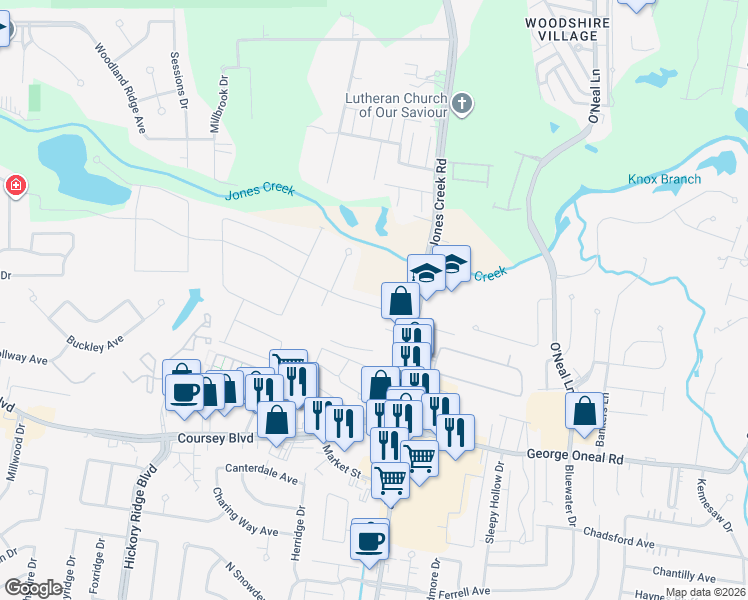 map of restaurants, bars, coffee shops, grocery stores, and more near 4606 Jones Creek Road in Baton Rouge