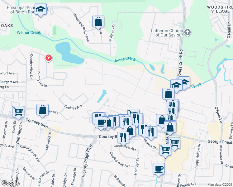 map of restaurants, bars, coffee shops, grocery stores, and more near 4826 Old Landing Drive in Baton Rouge