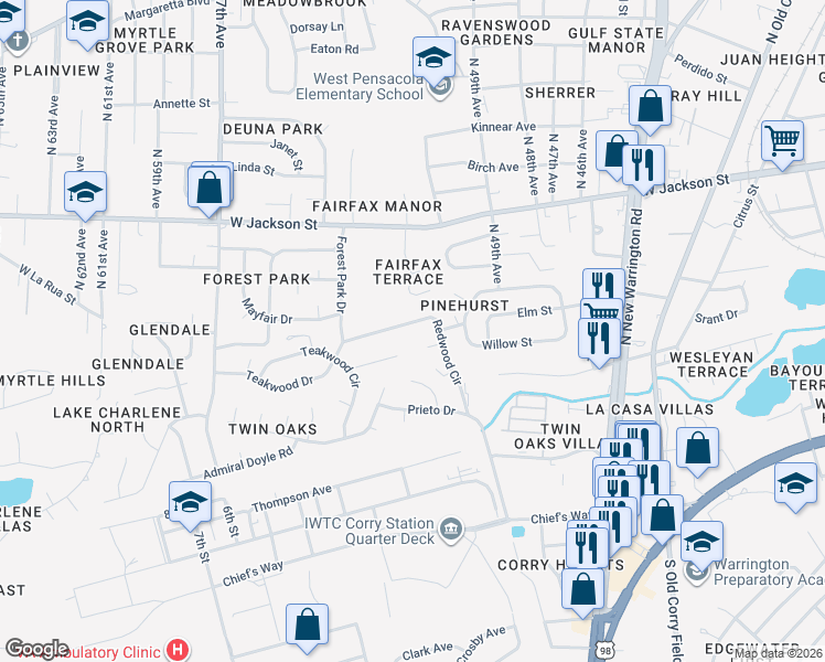 map of restaurants, bars, coffee shops, grocery stores, and more near 4916 Catalina Circle in Pensacola
