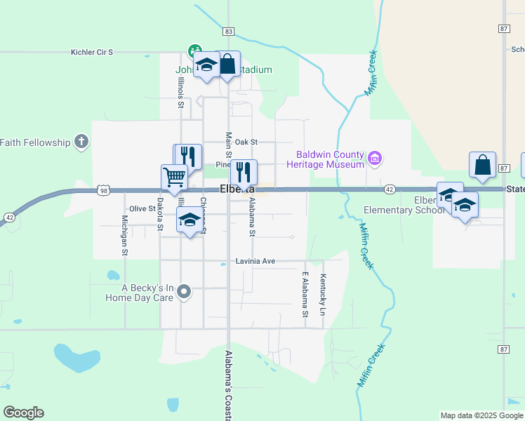 map of restaurants, bars, coffee shops, grocery stores, and more near 25169 Chestnut Street in Elberta