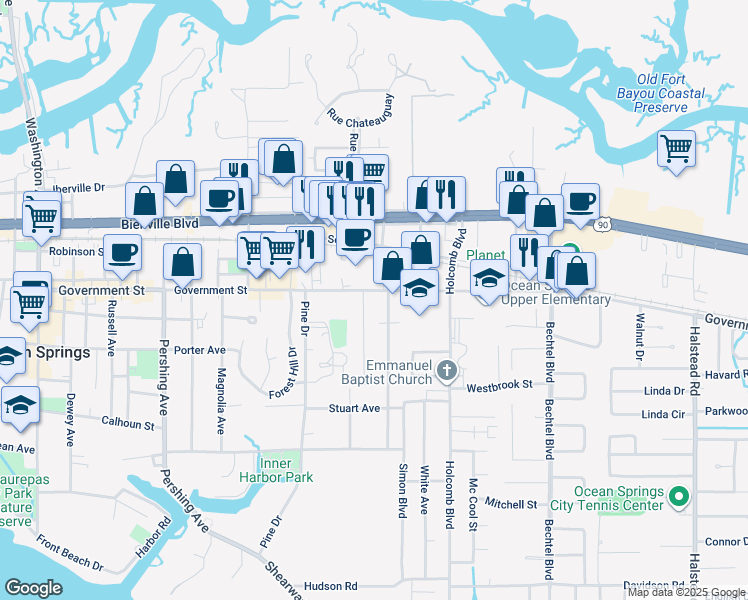 map of restaurants, bars, coffee shops, grocery stores, and more near 2122 Government Street in Ocean Springs