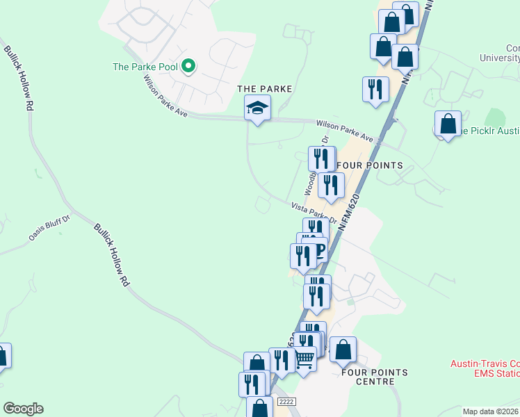 map of restaurants, bars, coffee shops, grocery stores, and more near 12001 Vista Parke Drive in Austin