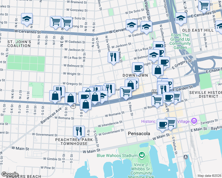 map of restaurants, bars, coffee shops, grocery stores, and more near 516 West Chase Street in Pensacola